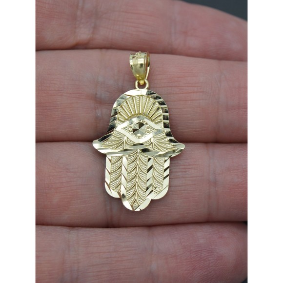 Real 10K Solid Yellow Gold Shiny Hamsa Hand Lucky Jewish Filigree Pendant 2.1gr - Picture 2 of 7